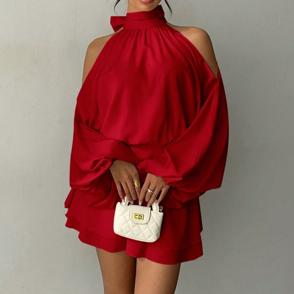 Red Casual Women's Long Sleeve Lantern A-Line Party Mini Dress